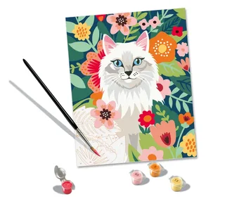Puzzle Peinture au Numéro - CréArt - Chat blanc et fleurs de Ravensburger – photo du produit 1 sur 2
