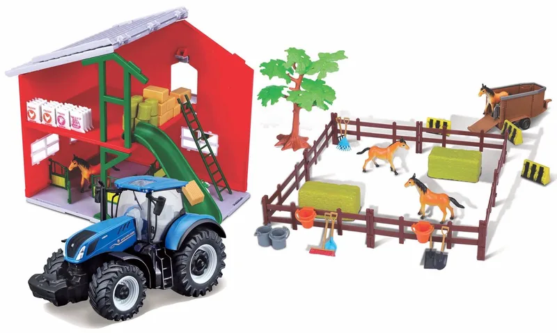 Farmland Playset - Paardenstal met New Holland T7.315 HD modeltractor - Bouwpakket från Bburago i Blå – produktbild
