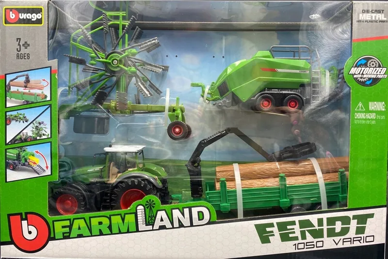 Fendt 1050 Vario Tractor Set met Aanhanger & Machines från Bburago i Grön – produktbild