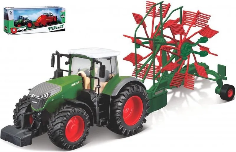 Fendt 1050 VARIO + WHIRL RAKE groen/rood schaalmodel 10 CM från Bburago i Grön – produktbild