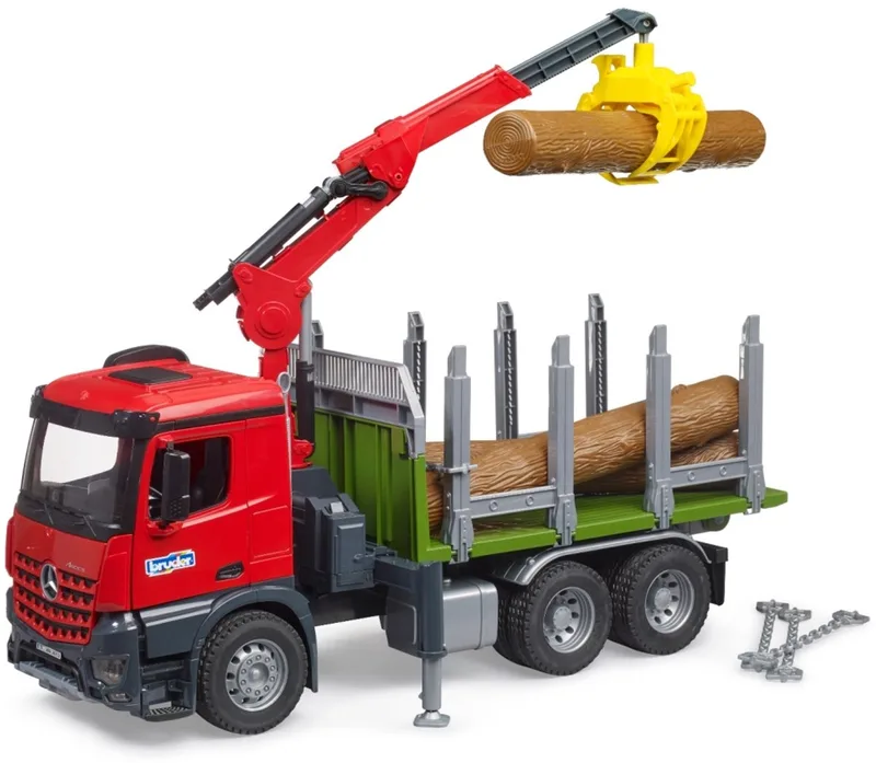 Camion de transport de bois MB Arocs avec grue de chargement, grappin et 3 troncs d’arbre – 03669 · 1:16 de Bruder – photo du produit