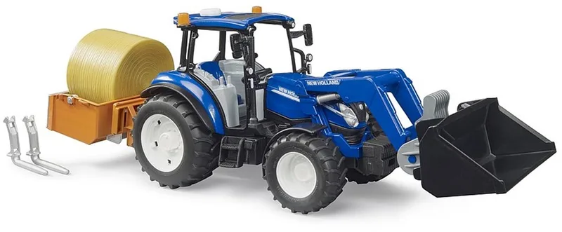 New Holland T5. 120 avec chargeur avant, coffre de chargement et fourches – 02187 · 1:16 de Bruder – photo du produit 1 sur 2