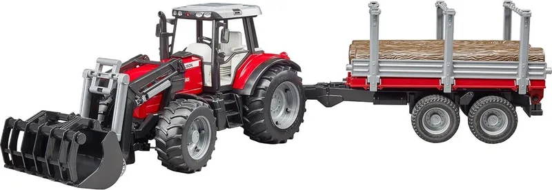 Massey Ferguson 7480 mit Frontlader, Holztransportanhänger und 3 Baumstämmen – 02046 · 1:16 von Bruder – Produktfoto