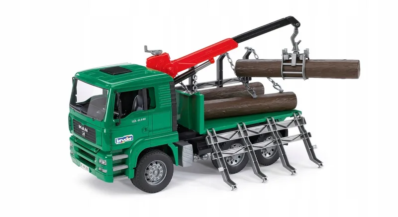 MAN Holztransport-LKW mit Ladekran und 3 Baumstämmen – 02769 · 1:16 von Bruder – Produktfoto 1 von 5