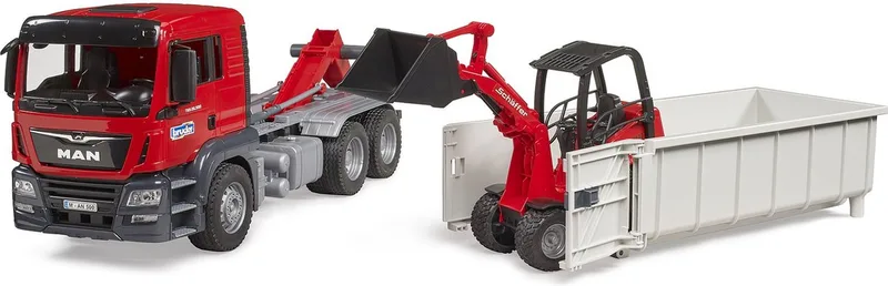 MAN TGS LKW mit Abrollcontainer + Schäffer Hoflader 2630 – 03767 · 1:16 von Bruder – Produktfoto 1 von 5