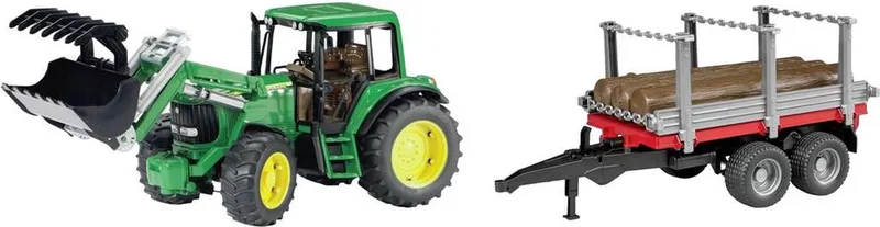 Tracteur John Deere 6920 avec chargeur frontal et remorque en bois, modèle prêt à jouer, véhicule agricole de Bruder en Kleurloos – photo du produit