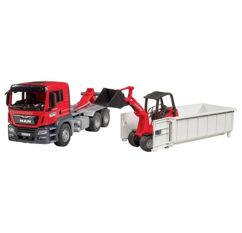 MAN TGS LKW mit Abrollcontainer + Schäffer Hoflader 2630 – 03767 · 1:16 von Bruder – Produktfoto 4 von 5