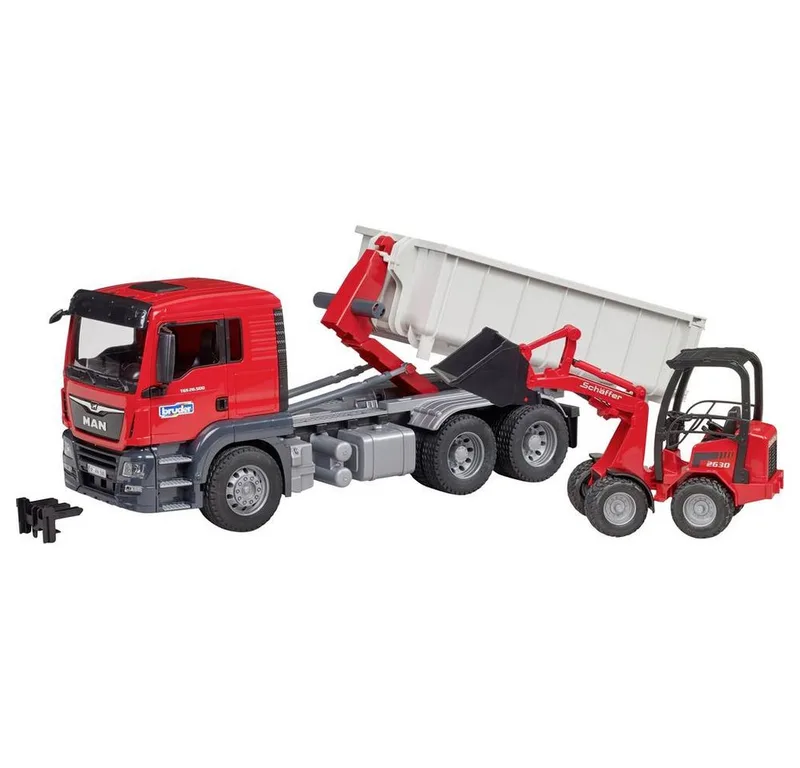 MAN TGS LKW mit Abrollcontainer + Schäffer Hoflader 2630 – 03767 · 1:16 von Bruder – Produktfoto 2 von 5
