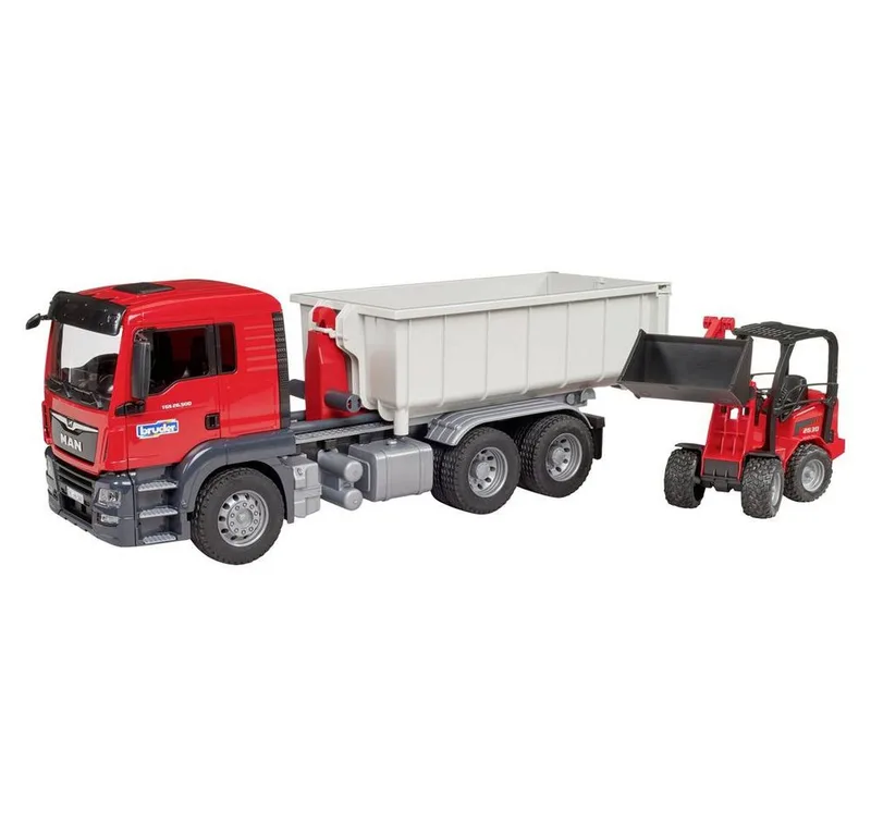 MAN TGS LKW mit Abrollcontainer + Schäffer Hoflader 2630 – 03767 · 1:16 von Bruder – Produktfoto 5 von 5