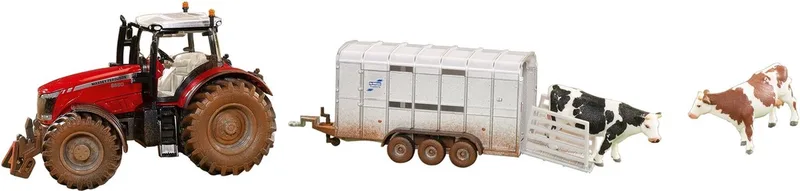 Massey Ferguson 8680 trekker met veetrailer en 2 koeien 1:32 von Siku in Rot – Produktfoto