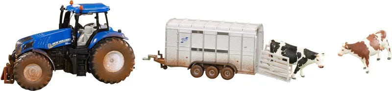 New Holland T8.390 trekker met veetrailer en 2 koeien 1:32 von Siku in Blau – Produktfoto