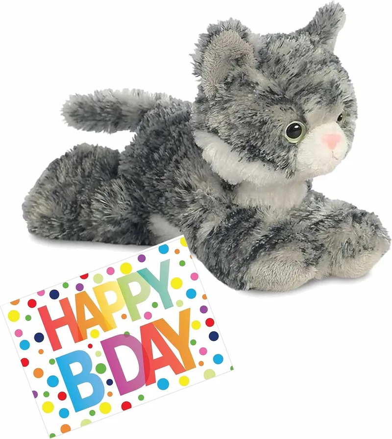 Pluche knuffel kat/poes grijs/witte van 20 cm met A5-size Happy Birthday wenskaart - Verjaardag cadeau setje de Aurora en Gris – photo du produit