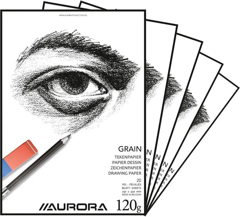 Tekenblok - Grain - Tekenpapier - Schetsblok - A3 - 120g - 20 vel - 5 Stuks von Aurora in Weiß – Produktfoto
