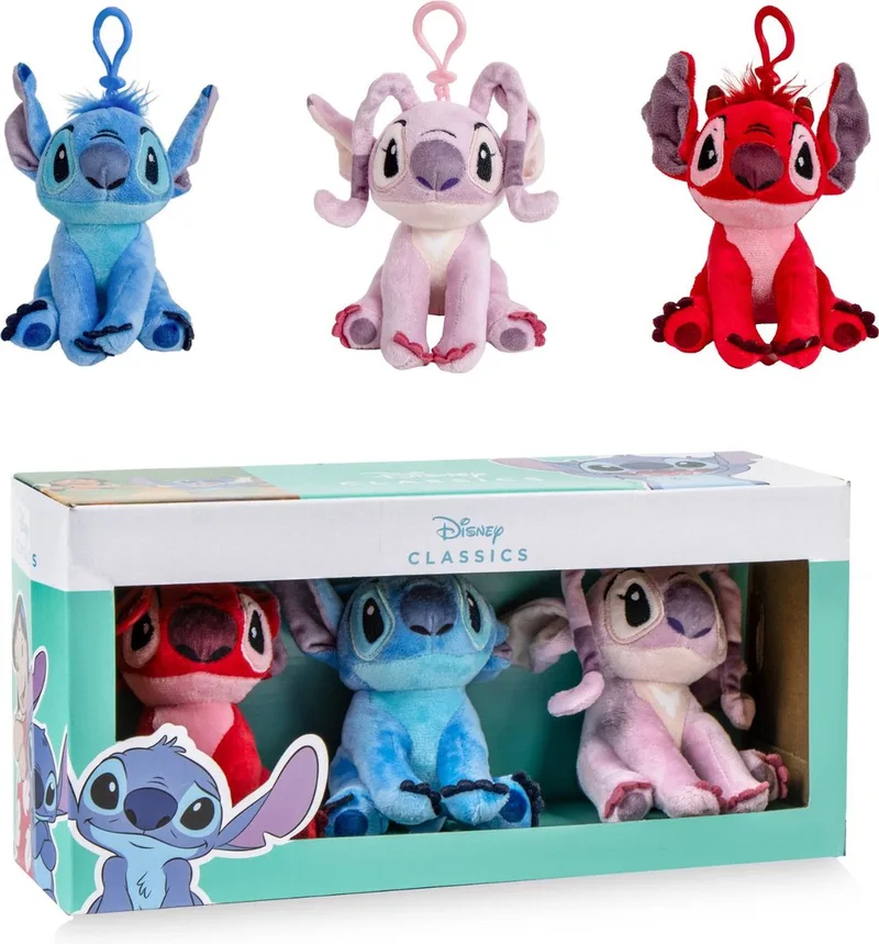 Stitch Angel en Leroy Knuffels Tassenhanger - Hoogte 12cm - 3 Knuffels fra Disney i Lyserød – produktbillede