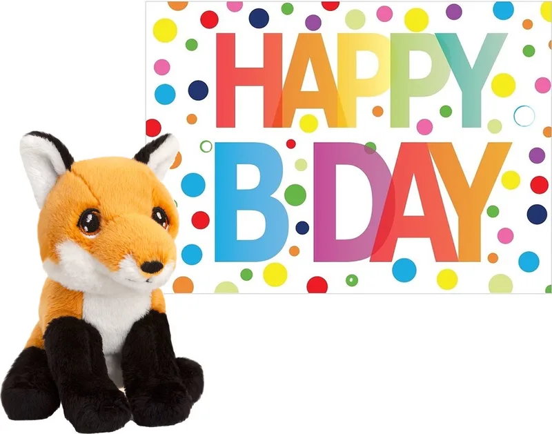 Knuffel rode vos 12 cm - met A5-size Happy Birthday verjaardag cadeau sturen wenskaart van Keel Toys in Meerkleurig – productfoto