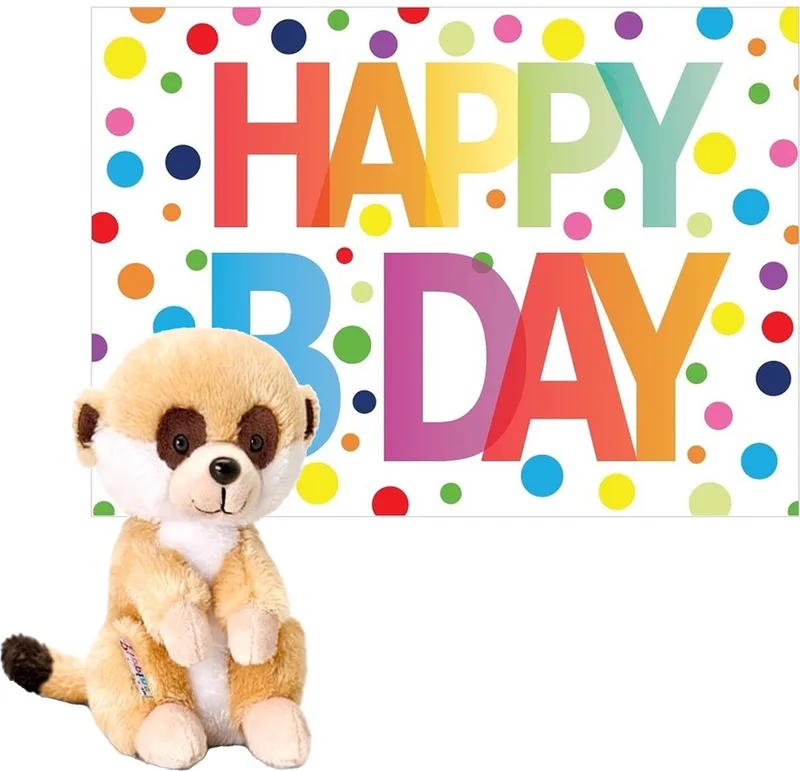 Knuffel stokstaartje 14 cm met Happy Birthday wenskaart van Keel Toys in Meerkleurig – productfoto