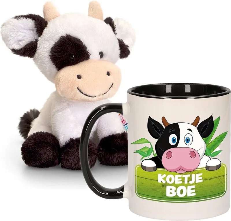 Koeien Cadeau set kind - Koeien knuffel 14 cm en drinkbeker 300ml van Keel Toys in Wit – productfoto