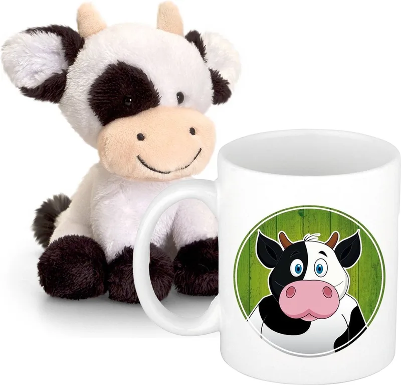 Koeien Cadeau set kind - Koeien knuffel 14 cm en drinkbeker 300ml van Keel Toys in Wit – productfoto