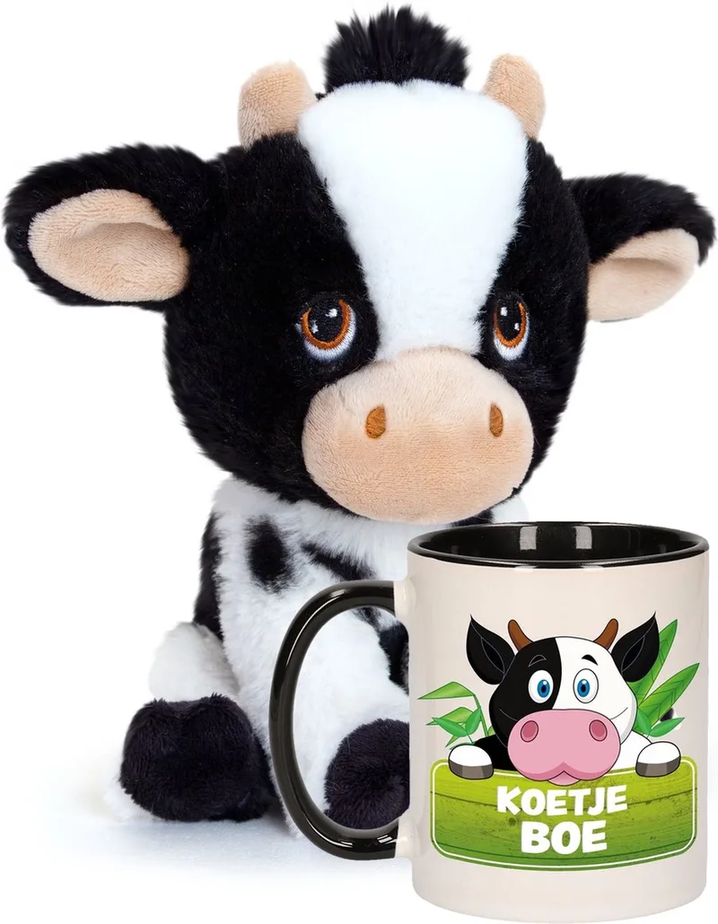 Koeien Cadeauset kind - Koeien knuffel 18 cm en drinkbeker 300ml van Keel Toys in Meerkleurig – productfoto