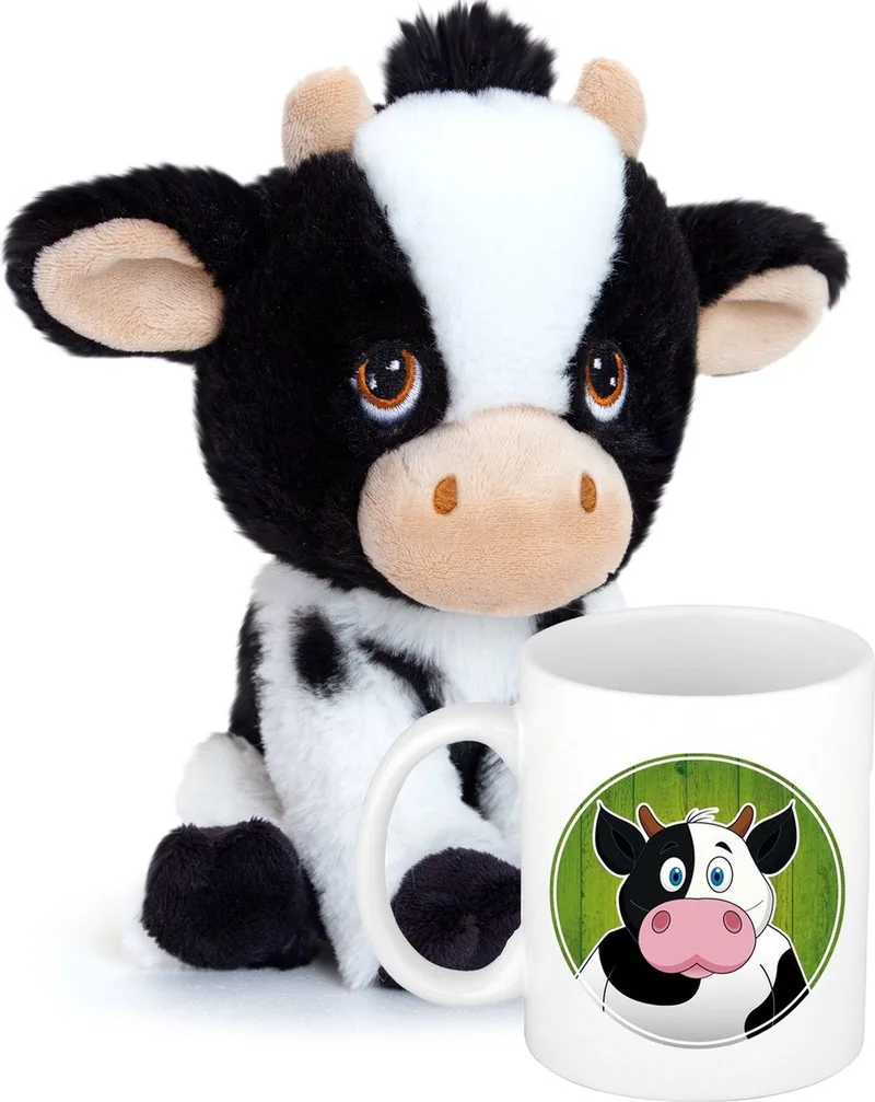 Koeien Cadeauset kind - Koeien knuffel 18 cm en drinkbeker 300ml van Keel Toys in Meerkleurig – productfoto