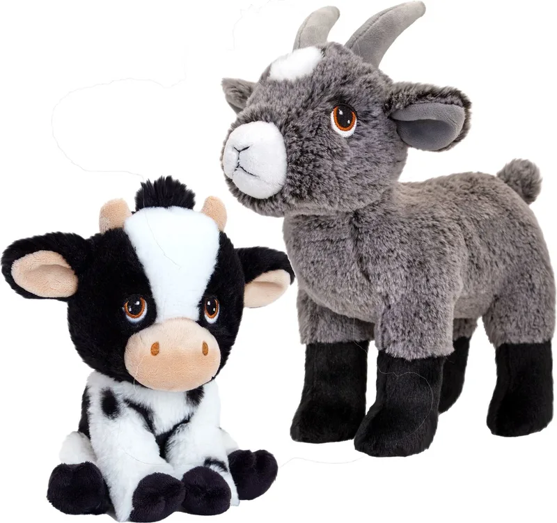 Pluche knuffel boerderijdieren voordeelset koe en geit van 19 cm van Keel Toys in Meerkleurig – productfoto