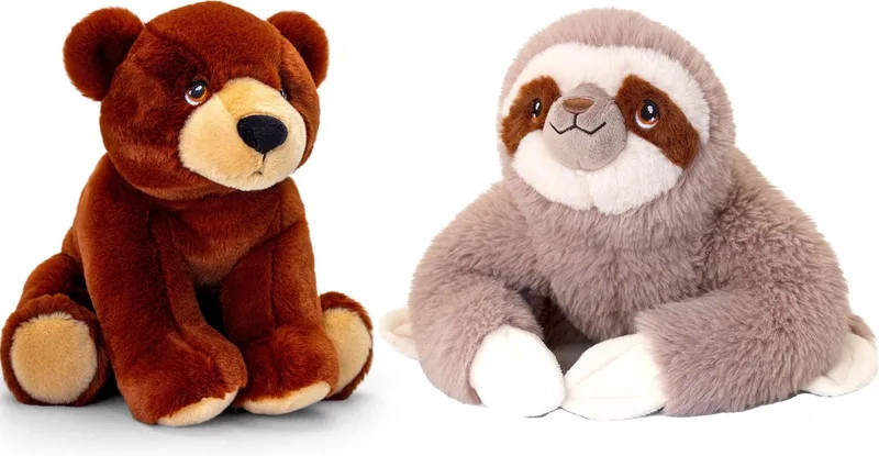 Pluche knuffels combi-set dieren luiaard en bruine beer 25 cm van Keel Toys in Meerkleurig – productfoto