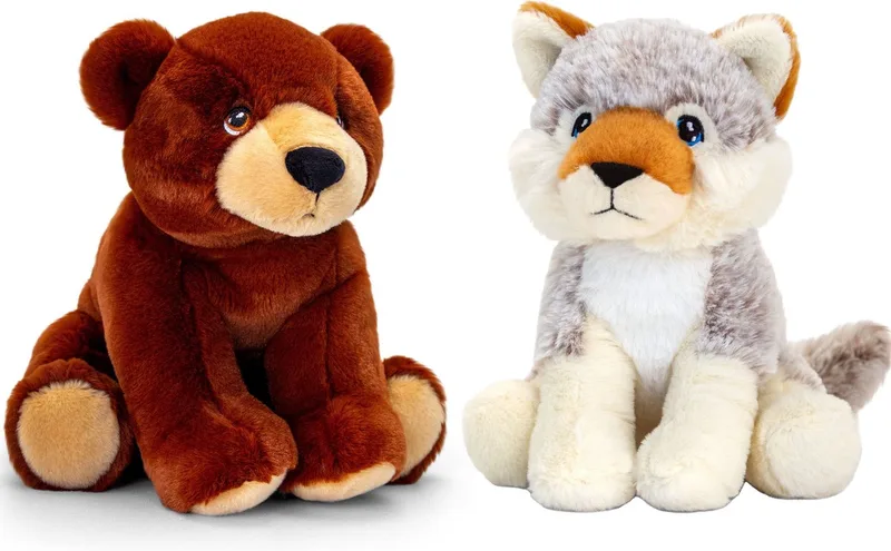 Pluche knuffels combi-set dieren wolf en bruine beer 25 cm van Keel Toys in Meerkleurig – productfoto