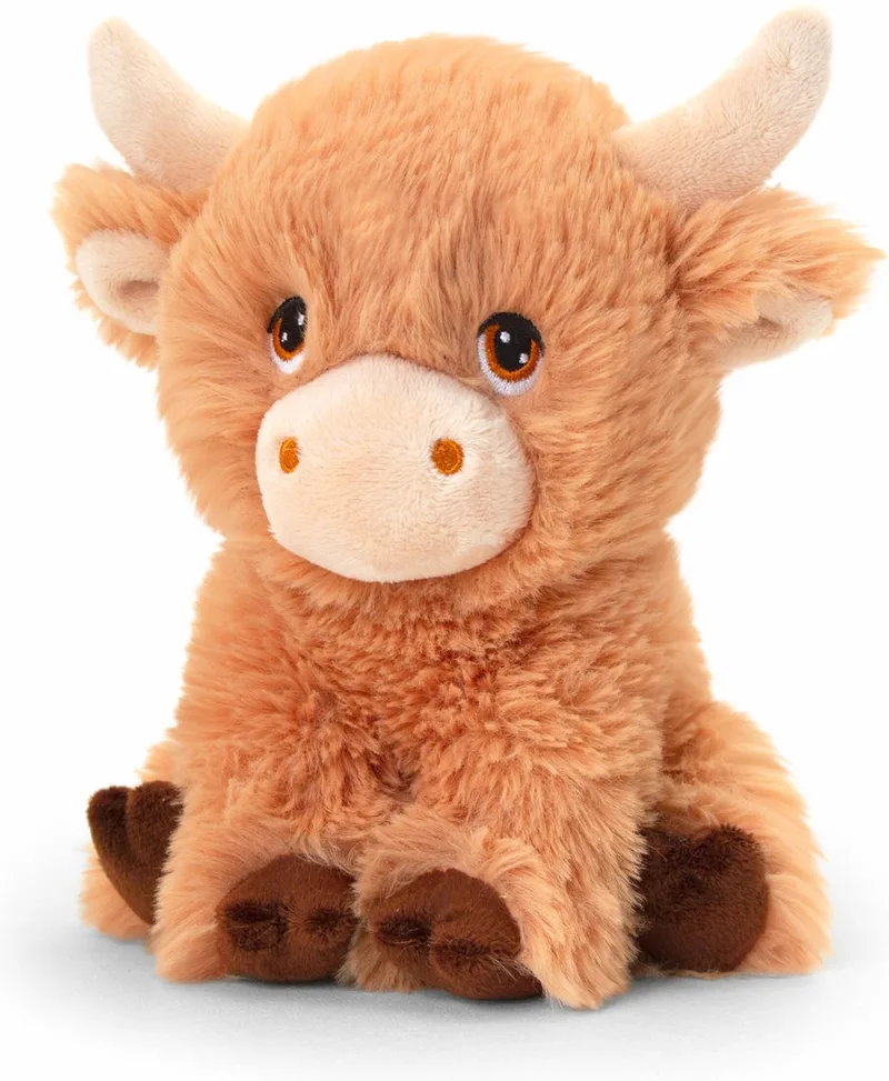 pluche koe met hoorns knuffeldier - zittend - 25 cm - Luxe Eco kwaliteit knuffels van Keel Toys in Bruin – productfoto