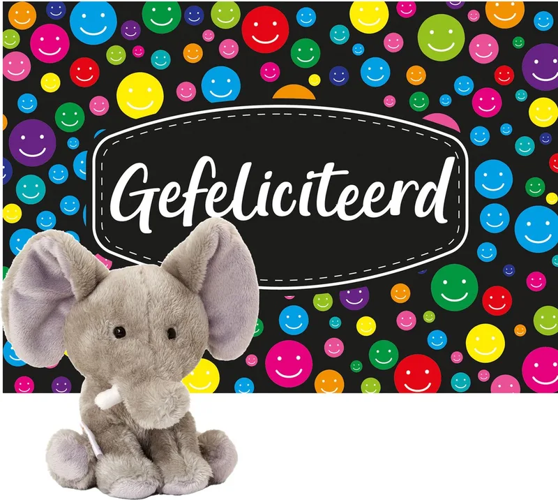 pluche olifant knuffel 14 cm met Gefeliciteerd A5 wenskaart van Keel Toys in Grijs – productfoto