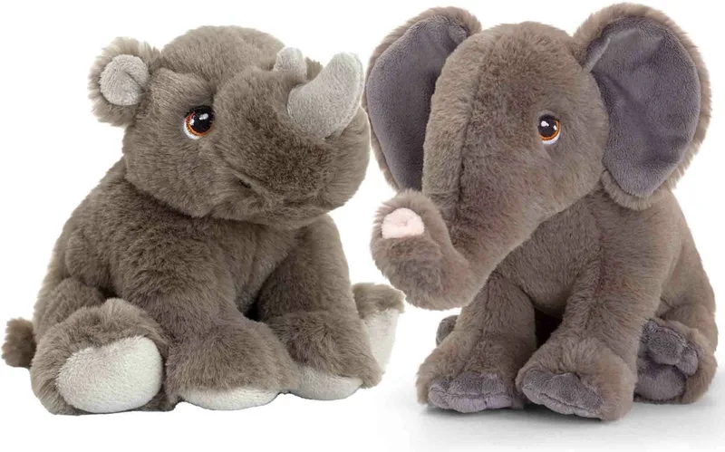 Pluche safari knuffels neushoorn en olifant vriendjes 25 cm van Keel Toys in Meerkleurig – productfoto