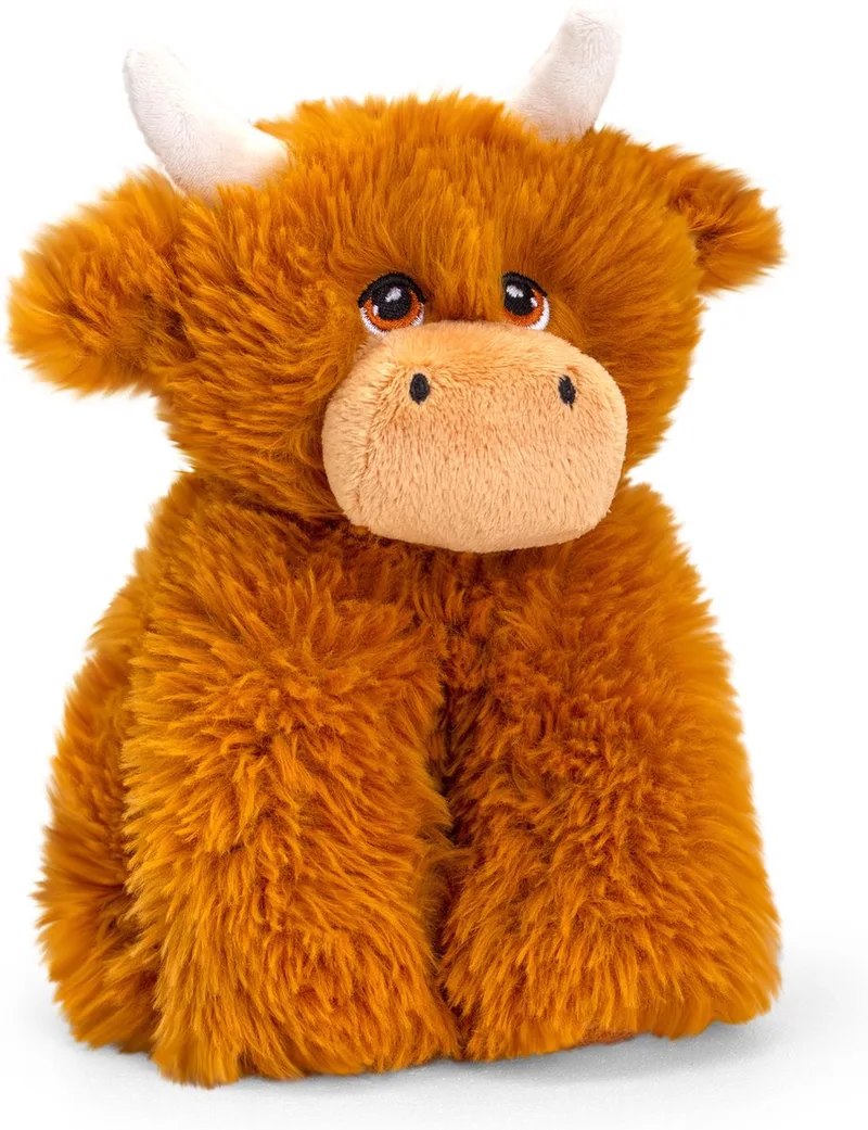 pluche Schotse hooglander koe met hoorns knuffeldier - zittend - 20 cm van Keel Toys in Bruin – productfoto