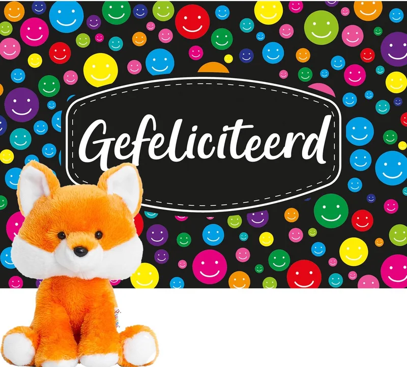 pluche Vos knuffel 14 cm met Gefeliciteerd A5 wenskaart van Keel Toys in Oranje – productfoto