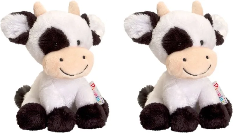 Set van 2x stuks keel Toys pluche zwart/witte koe/koeien knuffels 14 cm - Koe boerderijdieren knuffeldieren - Speelgoed voor kind van Keel Toys in Wit – productfoto