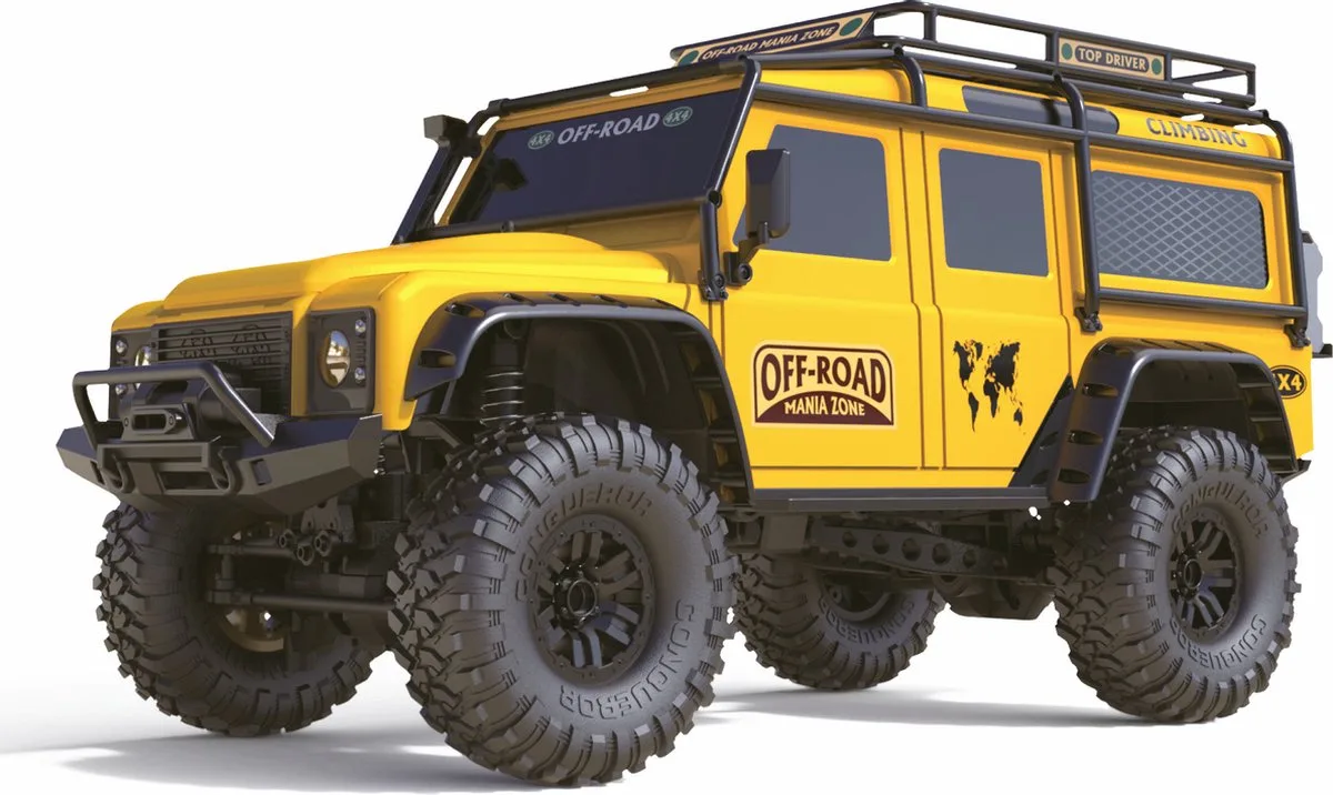 Dirt Climbing SUV Safari 1:10 Brushed RC auto Elektro Crawler 4WD RTR 2,4 GHz Incl. accu en lader, Met lichteffec fra Amewi i Gul – produktbillede