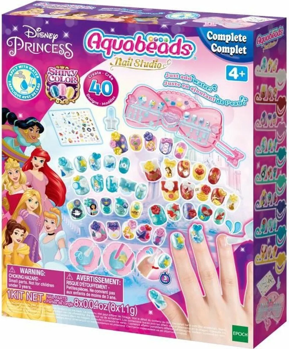 nagelstudio voor Kinderen- Disney Princess- complete set - 40 nagels, werkbank, pincet, waterflesje- zie video hoe t werkt van Aquabeads in Meerkleurig – productfoto