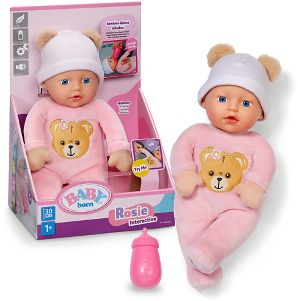 Interactieve Rosie (30 cm) - zachte babypop, 6 geluidseffecten, fles en speen - vanaf 1 jaar de BABY born – photo du produit