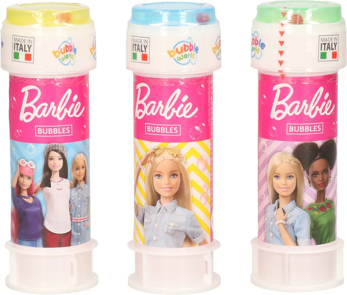 3x Barbie bellenblaas flesjes met spelletje 60 ml voor kinderen - Uitdeelspeelgoed - Grabbelton speelgoed van Barbie in Meerkleurig – productfoto