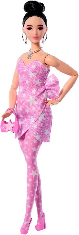Deluxe Stijl - en Zwart Haar - Modepop de Barbie en Roze Denim Jurk met Sterrenprint – photo du produit 5 sur 5