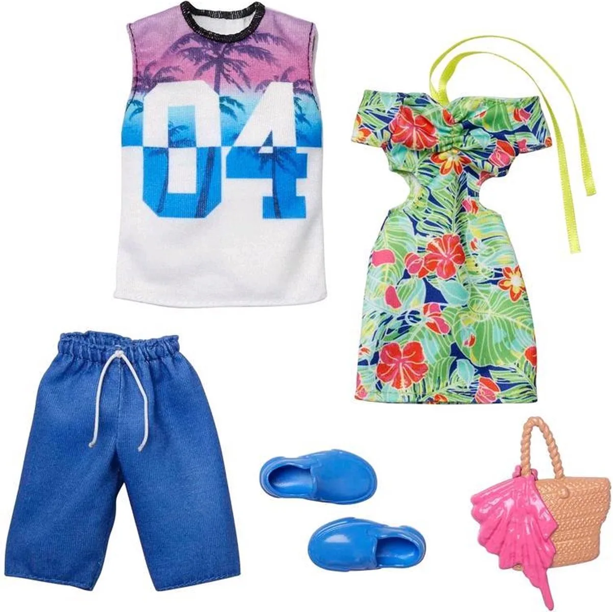 Kleding Outfit en Accessoires 2-Pack Bloemen Jurk + Schoenen en Handtas - T-Shirt en Broek voor Ken från Barbie i Flerfärgad – produktbild