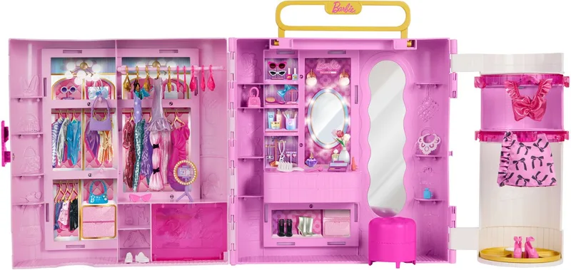 kledingkast met Spin & Style functie - Kaptafel, Poef, 4 Outfits, meer dan 20 Onderdelen en Draagbare Opbergruimte fra Barbie i Barbie kledingkast met Spin & Style functie – produktbillede