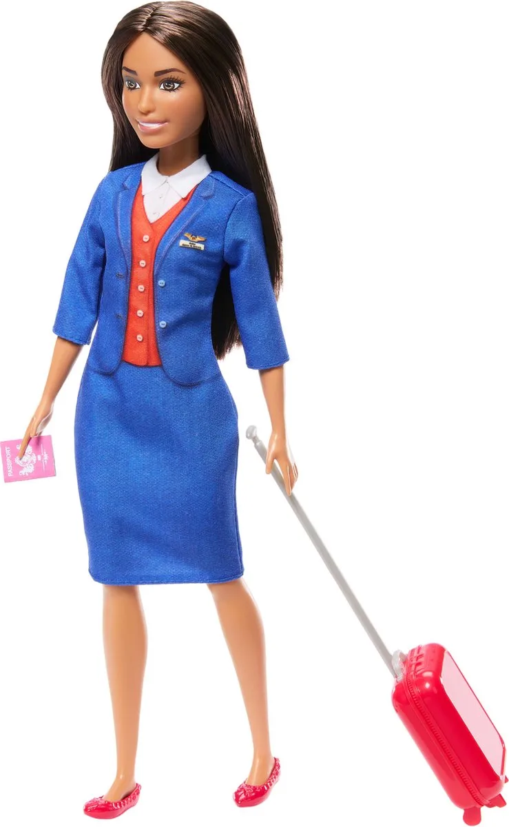 Modepop – Blauw Uniform met Koffer, Koptelefoon en Paspoort by Barbie in Stewardess – product photo