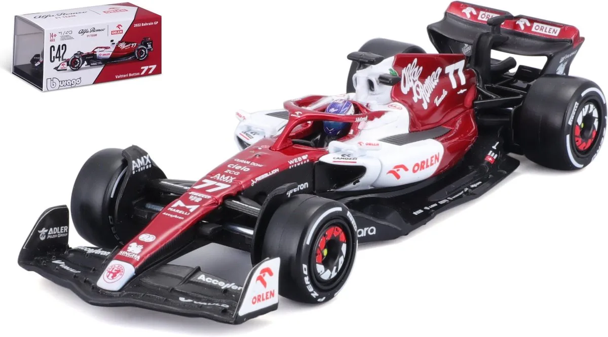 Alfa Romeo F1 team ORLEN C42 #77 Valtteri Bottas Formule 1 seizoen 2022 in luxe bewaarcase met helm modelauto schaalmodel 1:43 van Bburago in Rood – productfoto