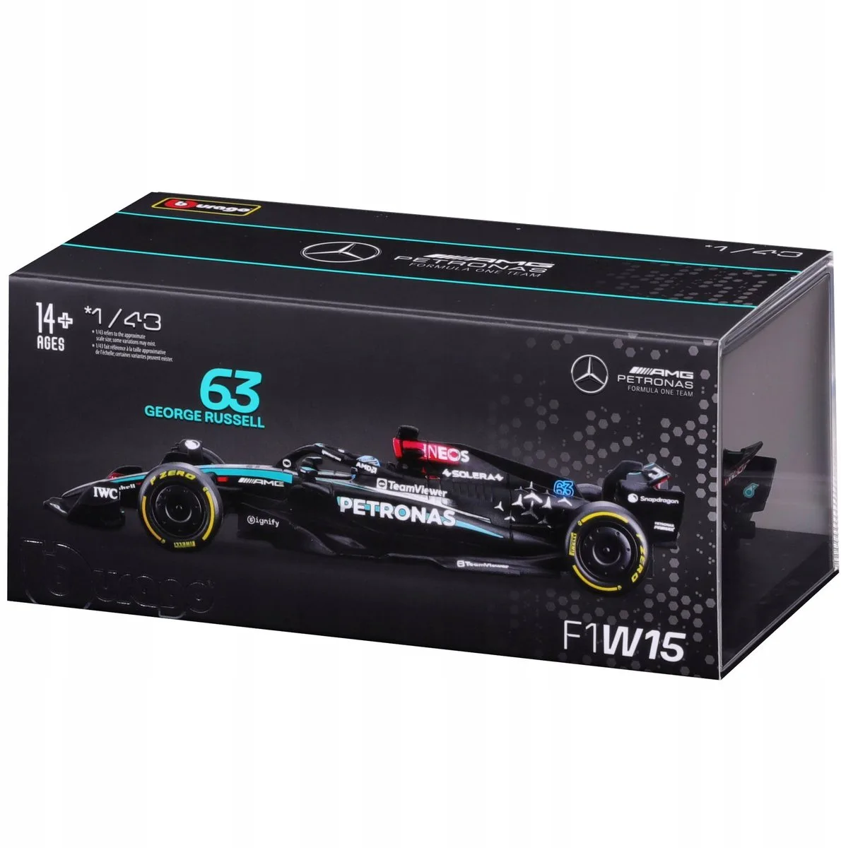 Bburago 1:43 Race Formule F1 - Mercedes-amg F1 W15 Performance (2024) #63 (George Russel) met aandrijving - UNI från Bburago i Turkos – produktbild