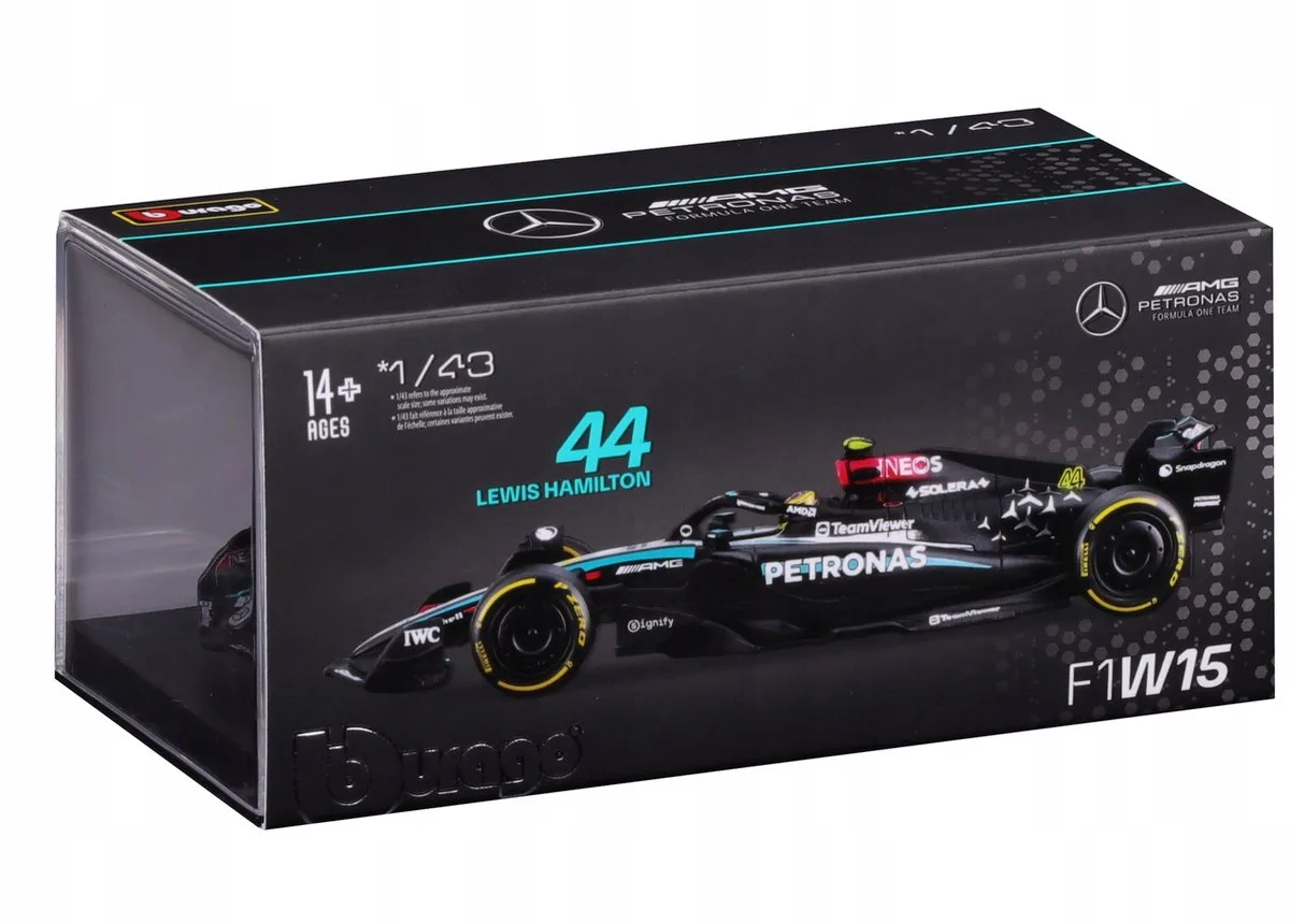 Bburago 1:43 Race Formule F1 - Mercedes-amg F1 W15 Performance (2024) #44 Lewis Hamilton met coureur - UNI van Bburago in Zwart – productfoto
