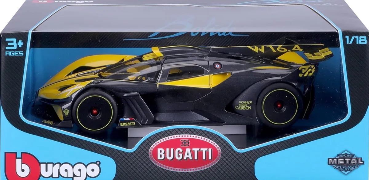 Burago B18-11047Y Bugatti BOLIDIE Super Car-1:18 Scale Die Cast van Bburago in Geel – productfoto