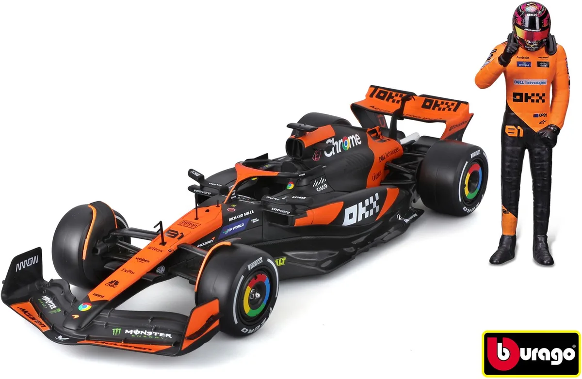 F1 McLaren MCL38 1:24 Modelauto met Oscar Piastri-figuur de Bburago en Orange – photo du produit