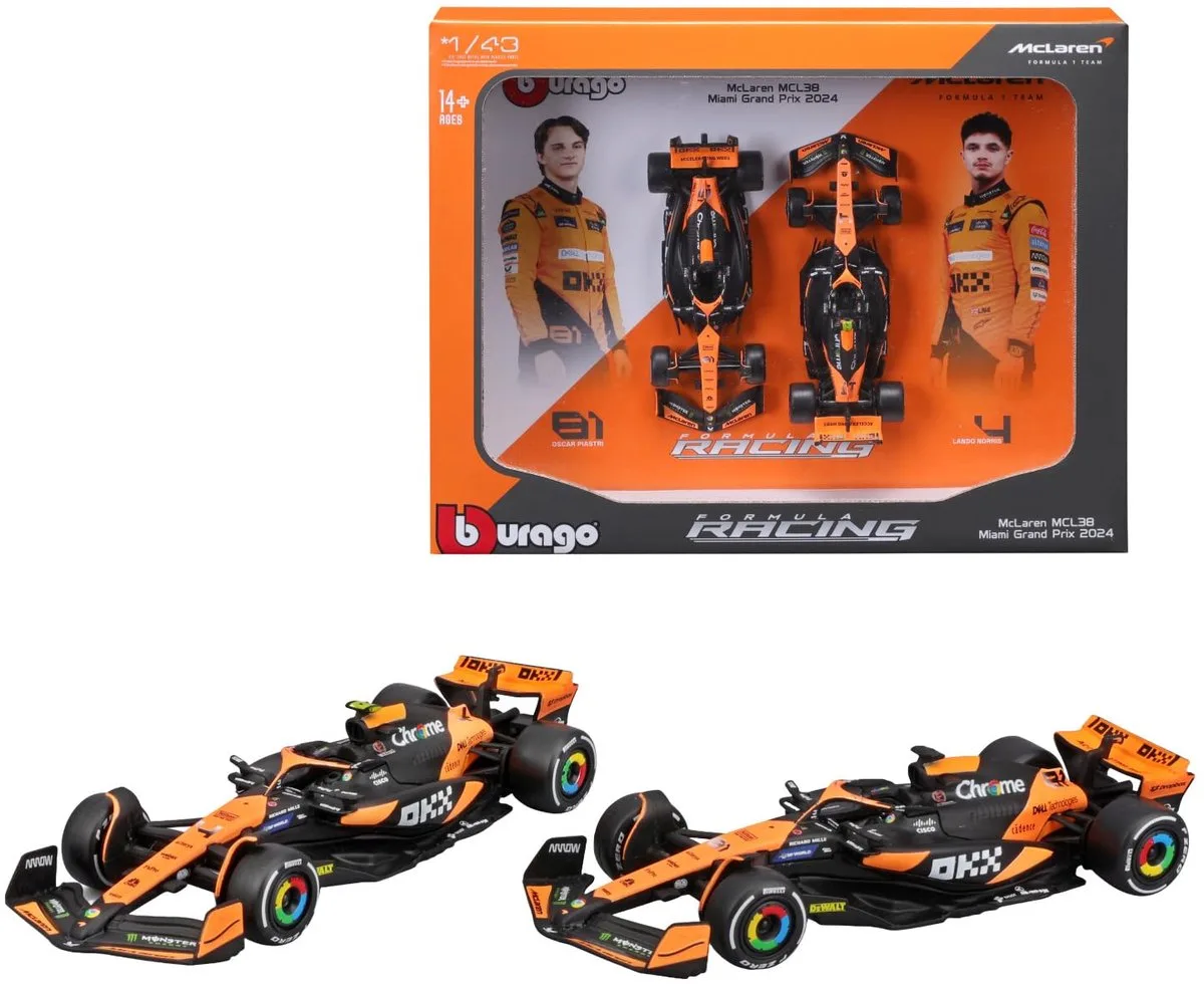 F1 speelgoedauto McLaren MCL38 2024 set Norris Piastri 1:43. van Bburago in Meerkleurig – productfoto