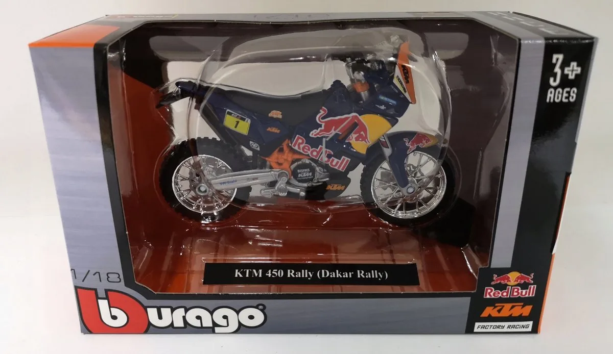 KTM 450 Rally Dakar Motor 1:18 Red Bull - Model verzamelaarsski de Bburago en Bleu – photo du produit