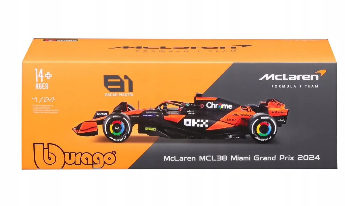 McLaren MCL38 F1 Oscar Piastri Miami GP 2024 Schaal 1:24 från Bburago i Orange – produktbild