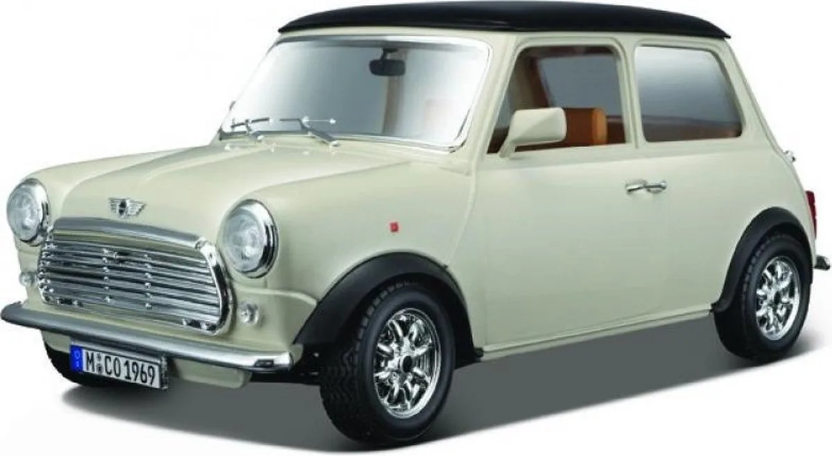 MINI COOPER 1969 1:18 modelauto schaalmodel van Bburago in Crème, Zwart – productfoto